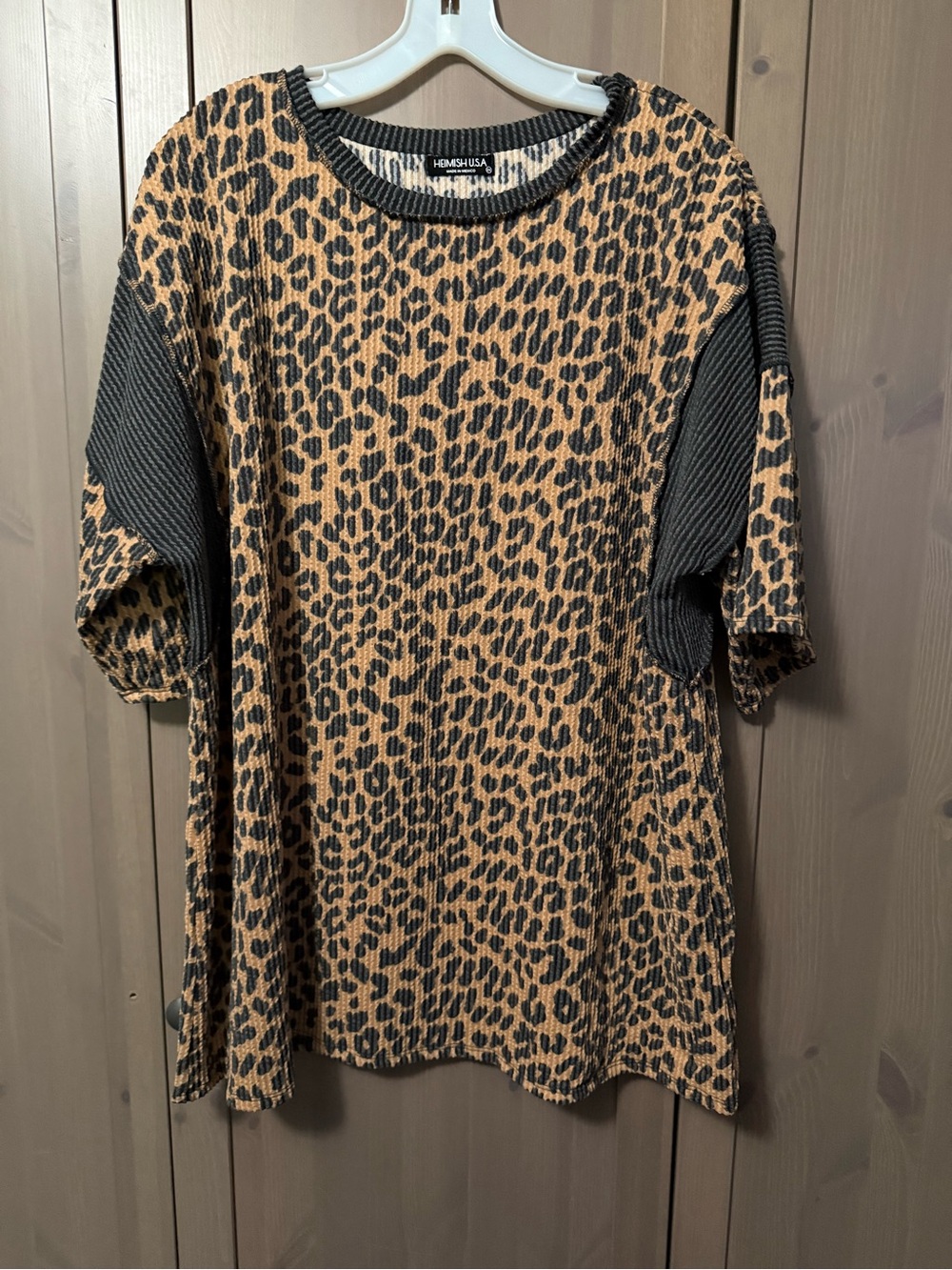 Heimish USA Leopard-Print Short Sleeve Top in Dark Gray & Tan, 2X